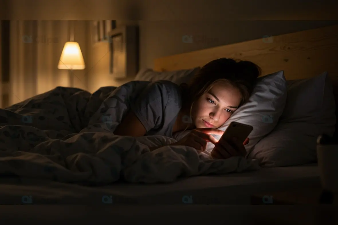 Late Night Smartphone Browsing in Bed with Warm Lighting