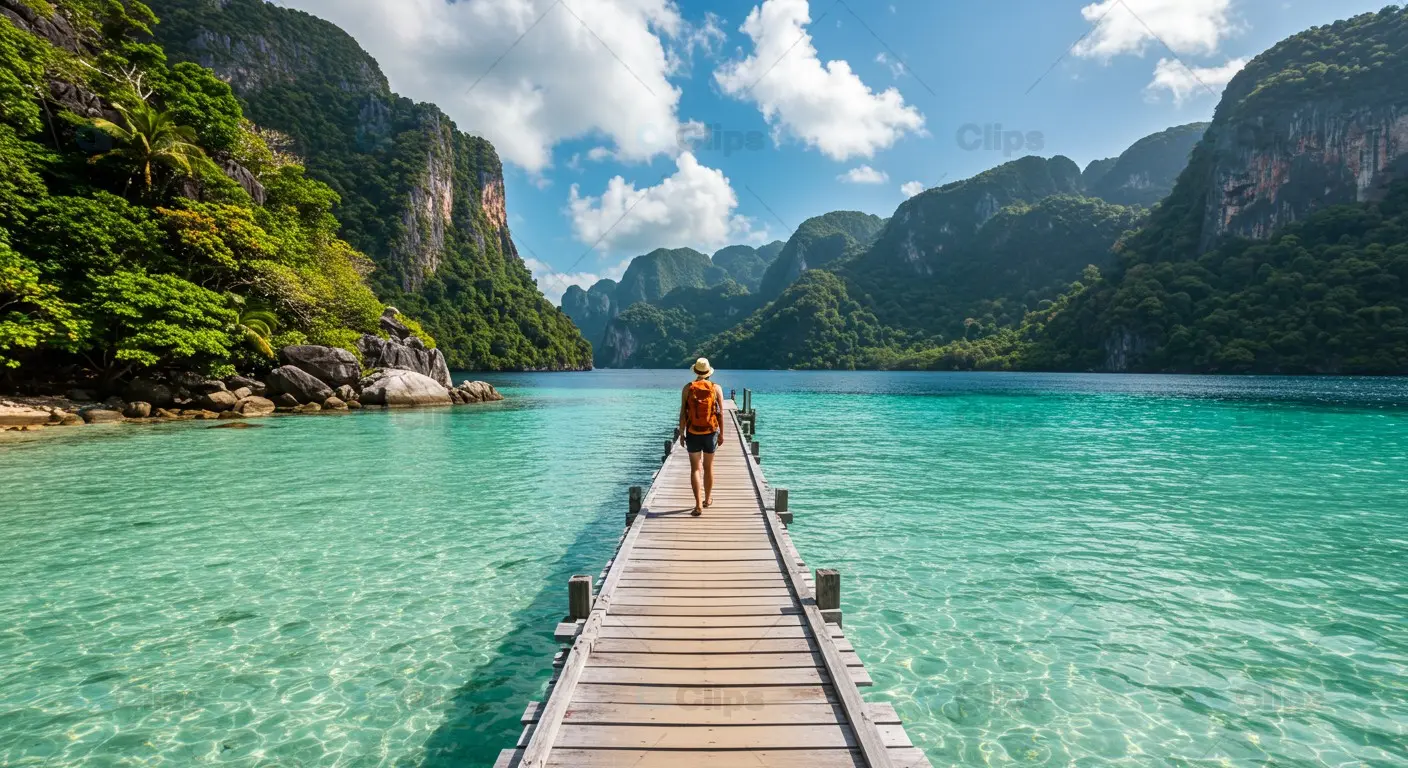 Traveler on Wooden Pier Over Turquoise Lagoon with Mountain Views