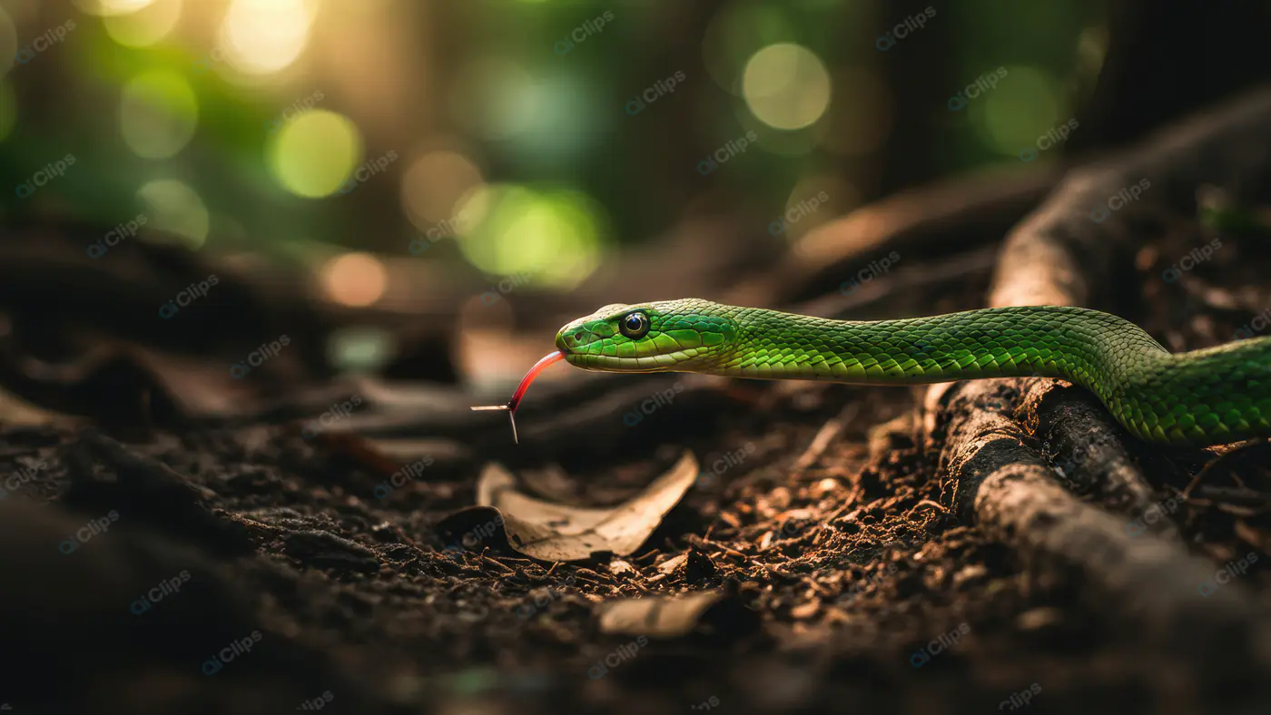 Green Snake with Forked Tongue in Sunlit Forest
