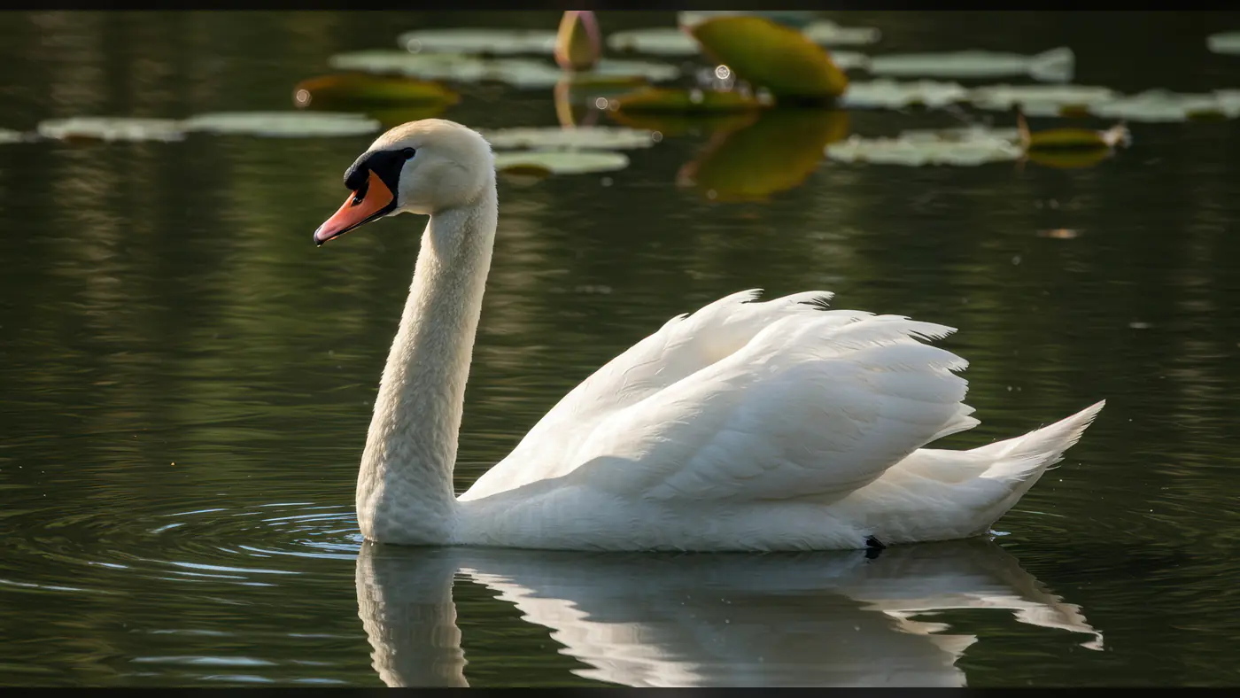 Graceful White Swan Gliding on Serene Water with Lotus Leaves