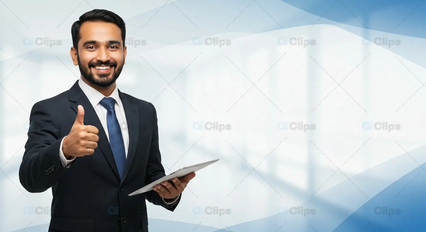 Confident Businessman with Thumbs Up and Tablet