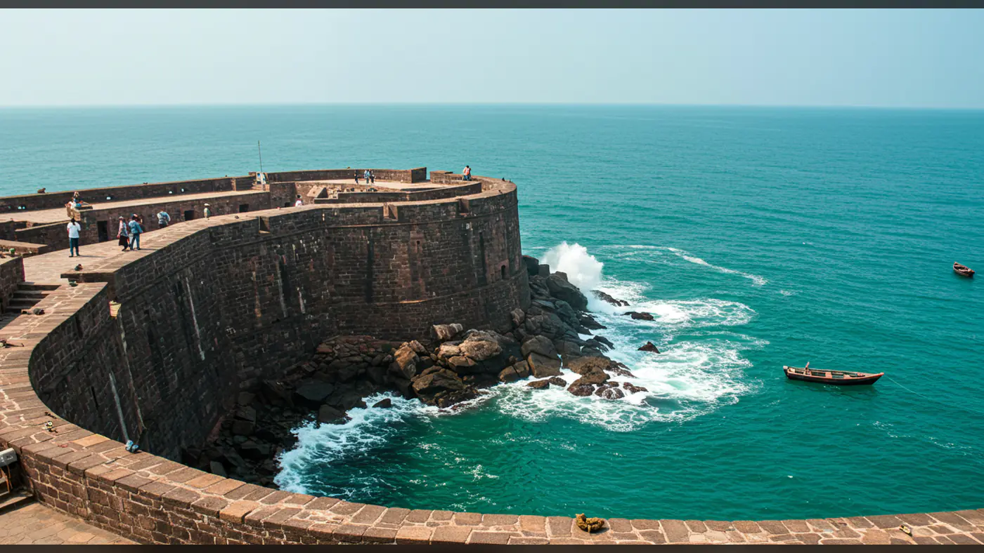 Historic Indian Sea Fort with Ocean Waves and Boats