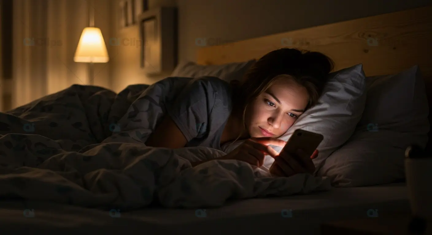 Late Night Smartphone Browsing in Bed with Warm Lighting
