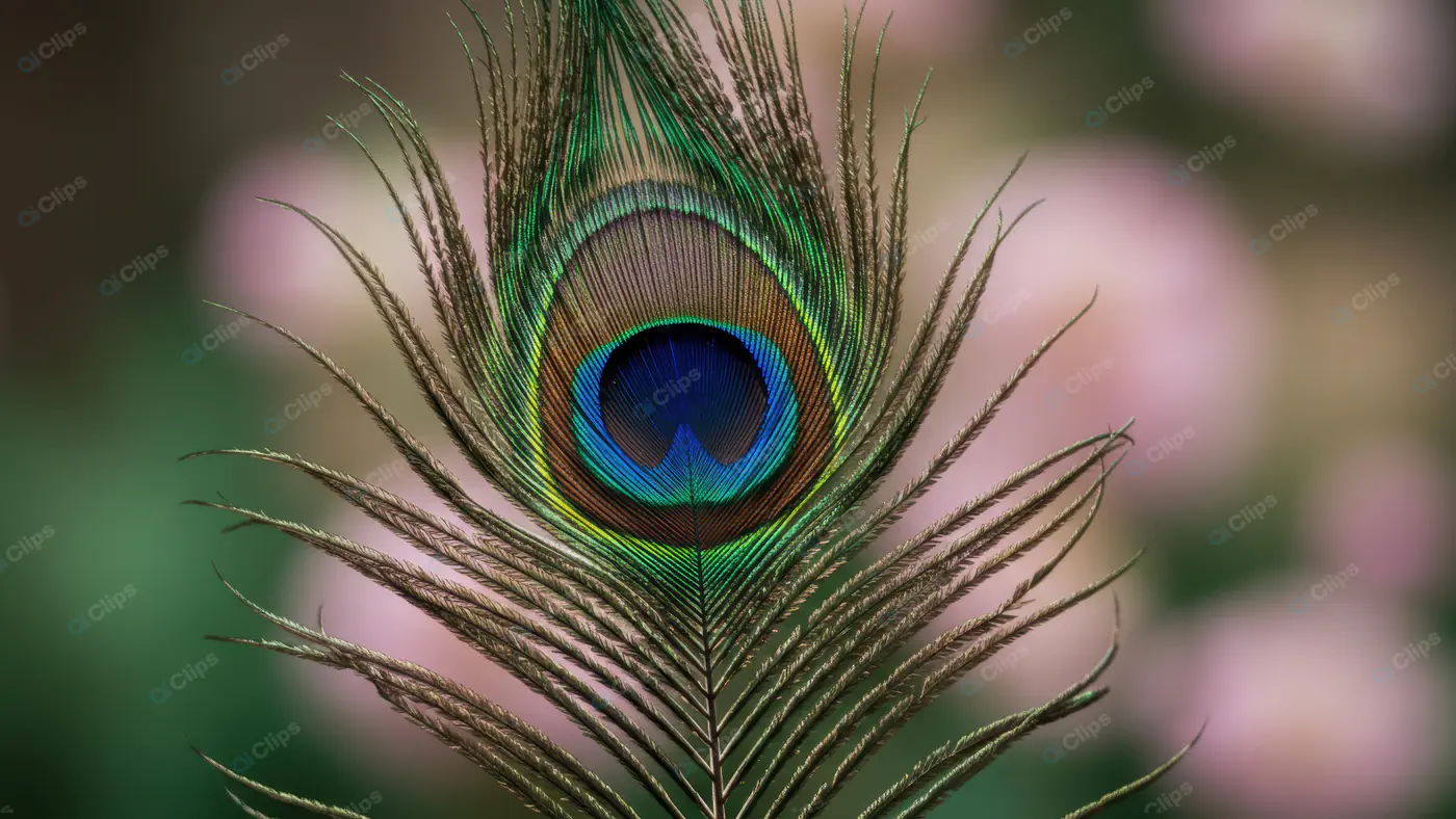 Single Peacock Feather Close-Up with Vibrant Colors on Soft Floral Background