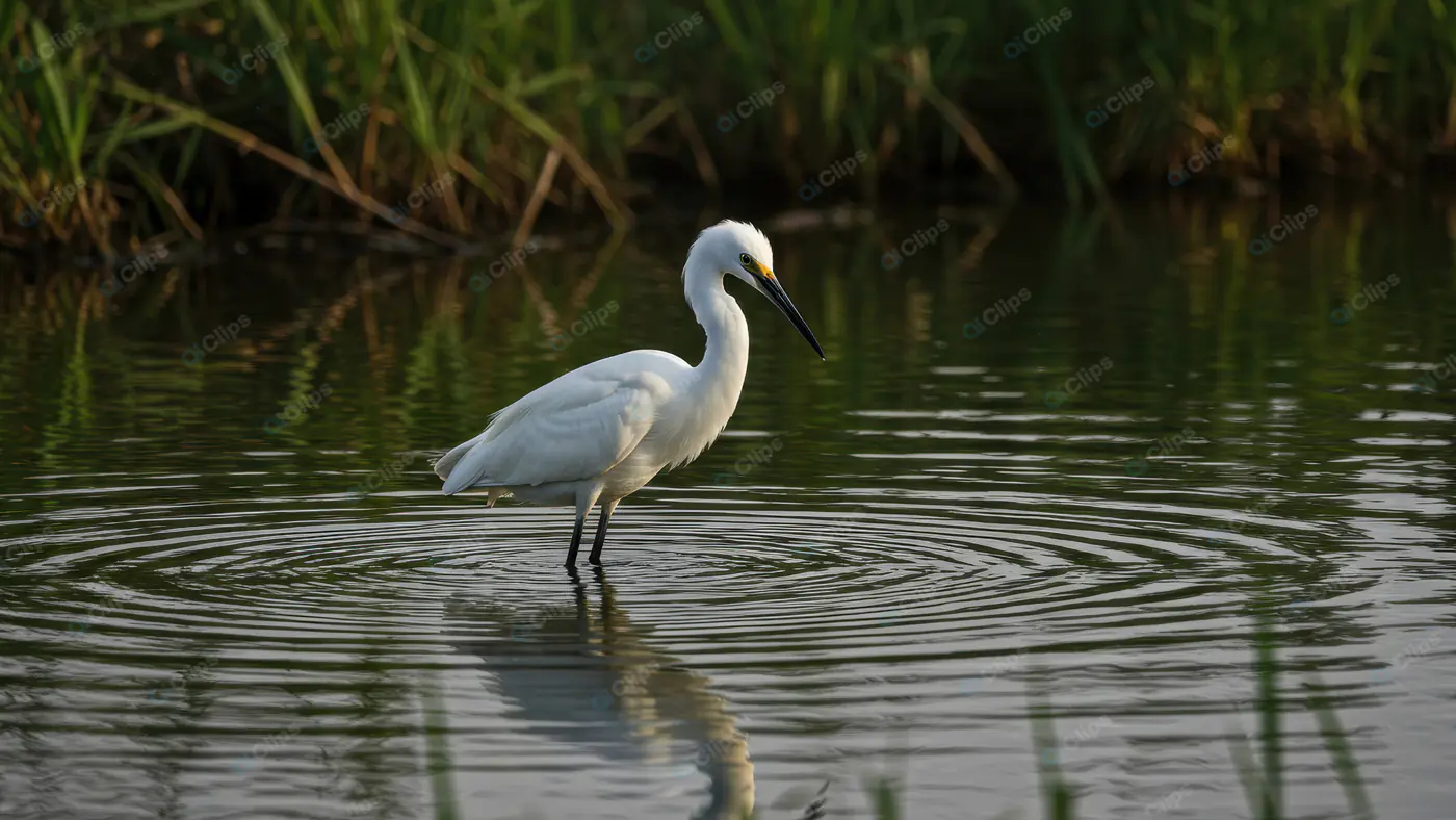 Graceful White Egret Standing in Marsh Water with Reflections