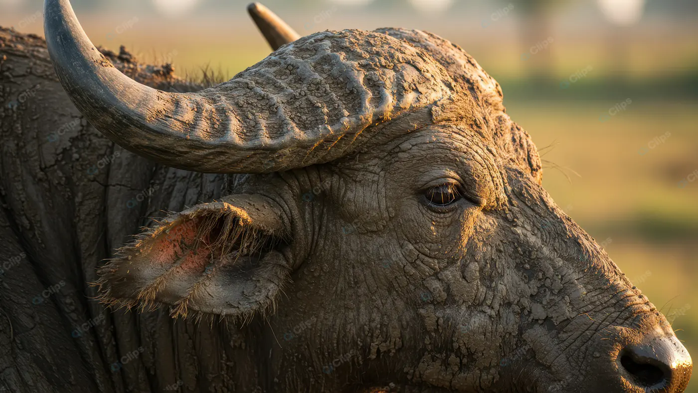 Close-Up of Indian Mud-Covered Buffalo with Horns in Golden Light