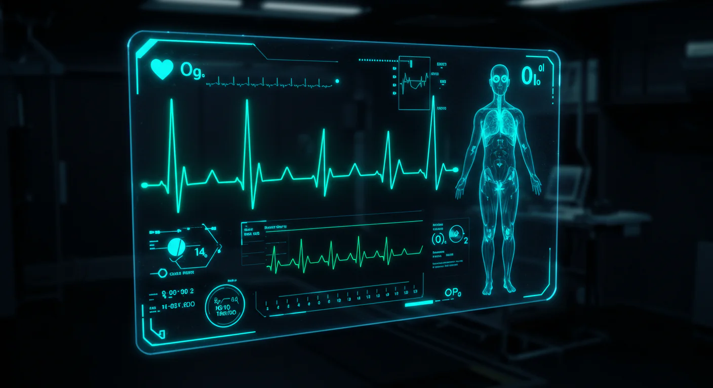 Advanced Futuristic Medical HUD with Human Anatomy and Vital Sign Monitor