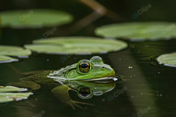 Green Frog Floating Amidst Lily Pads in Calm Pond
