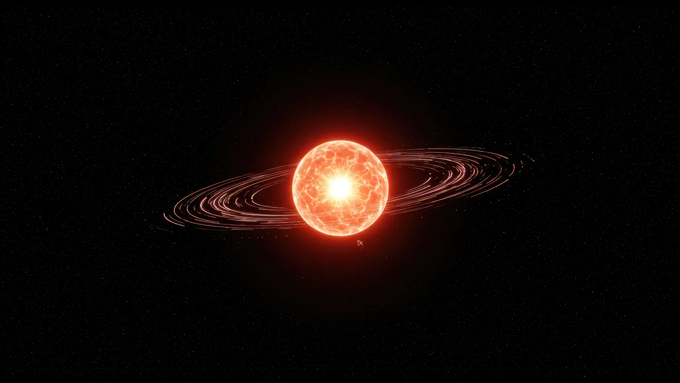 Fiery Red Star with Glowing Magnetic Rings in Deep Space