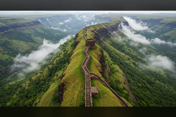 Misty Indian Fort Walkway Over Lush Green Hills