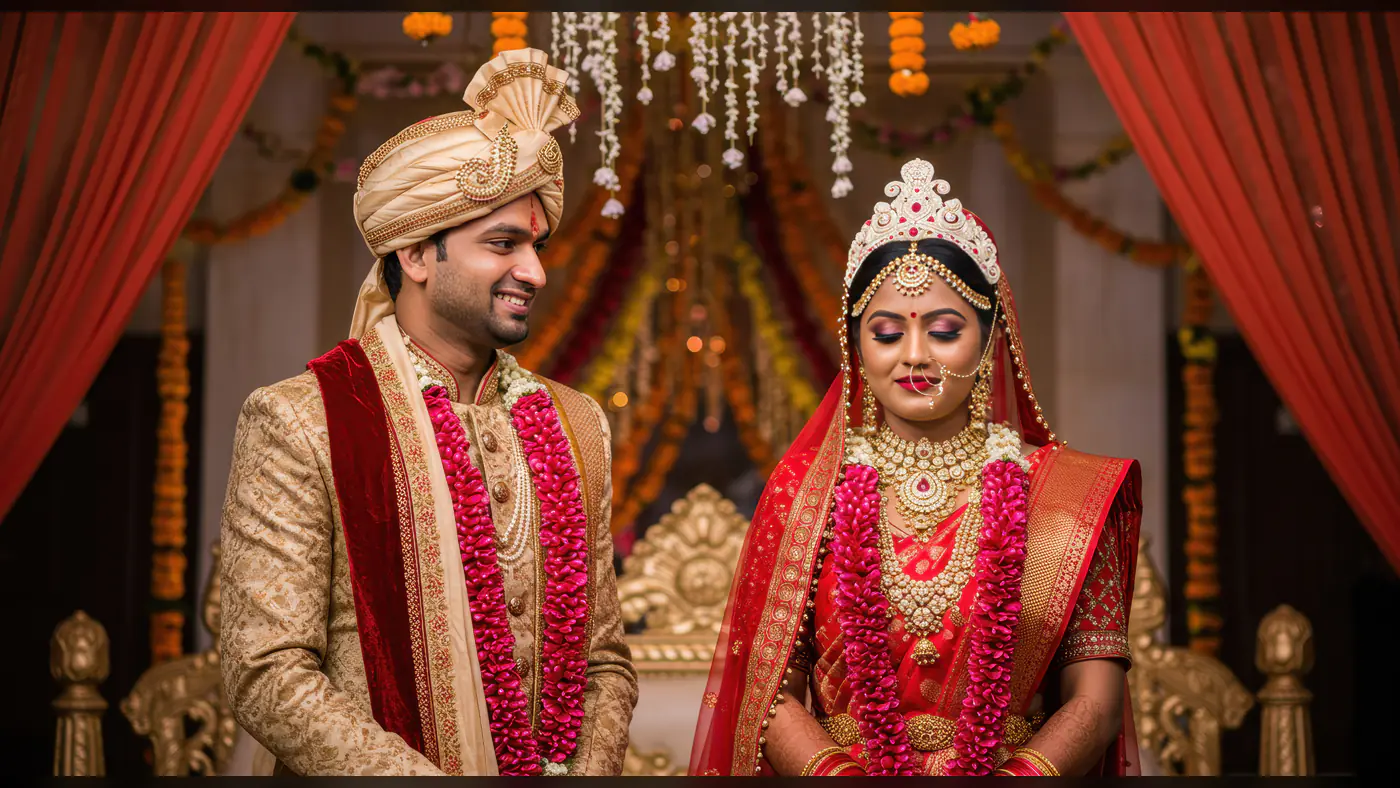 Traditional Indian Wedding Couple in Red and Gold