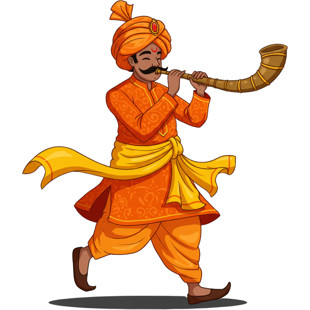 Happy Indian Shehnai Player PNG Clipart in Orange Traditional Outfit