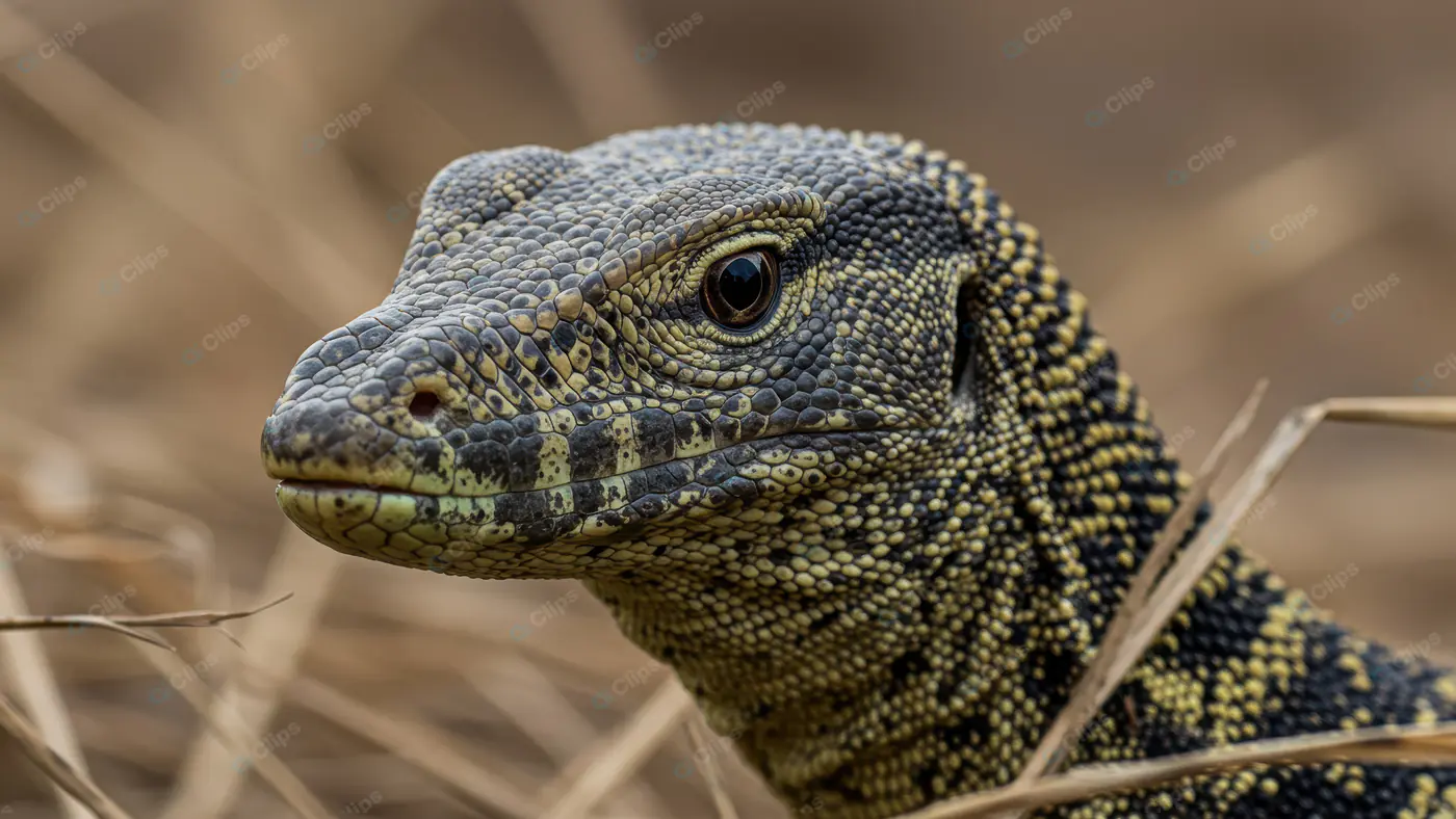 Close-Up of Indian Monitor Lizard in Dry Grassland Habitat