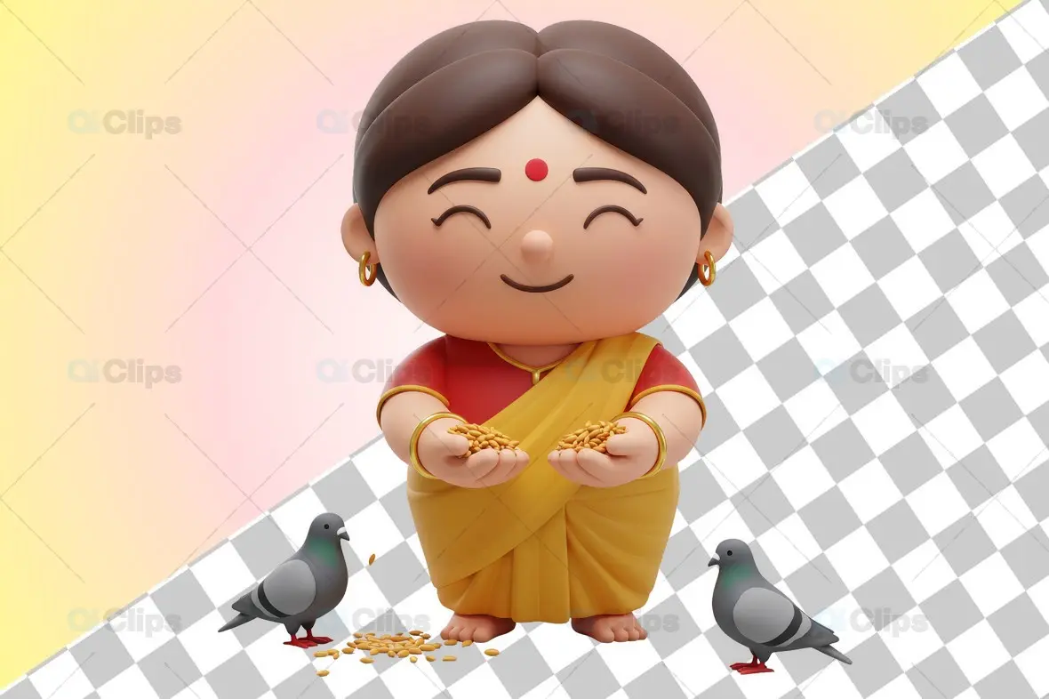 Traditional Indian Woman 3D Illustration Feeding Birds