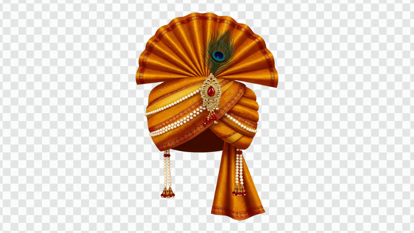 Royal Indian Wedding Pagdi PNG Clipart with Peacock Feather and Red Gemstone