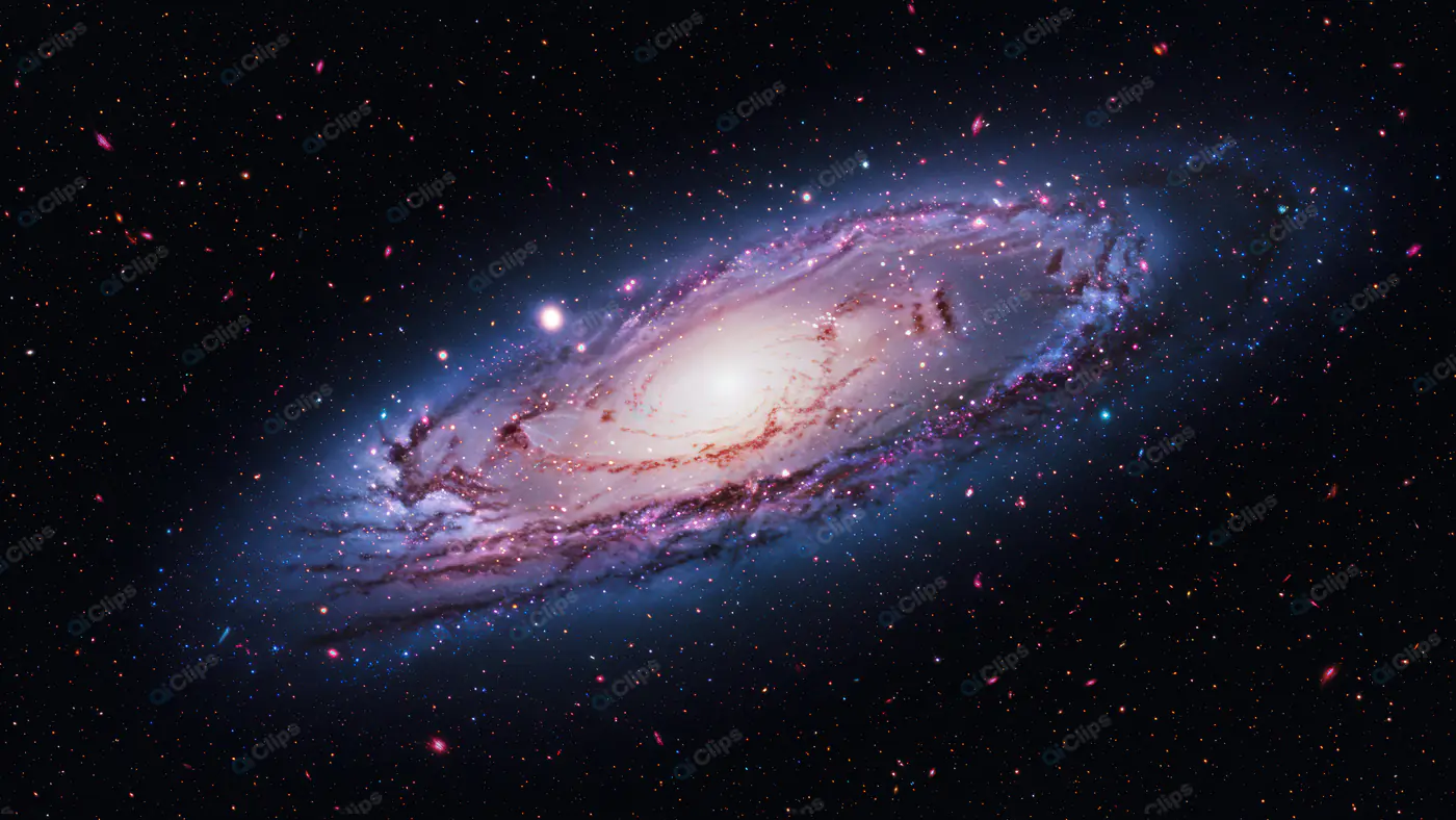 Colorful Spiral Galaxy with Bright Core and Nebulae in Deep Space
