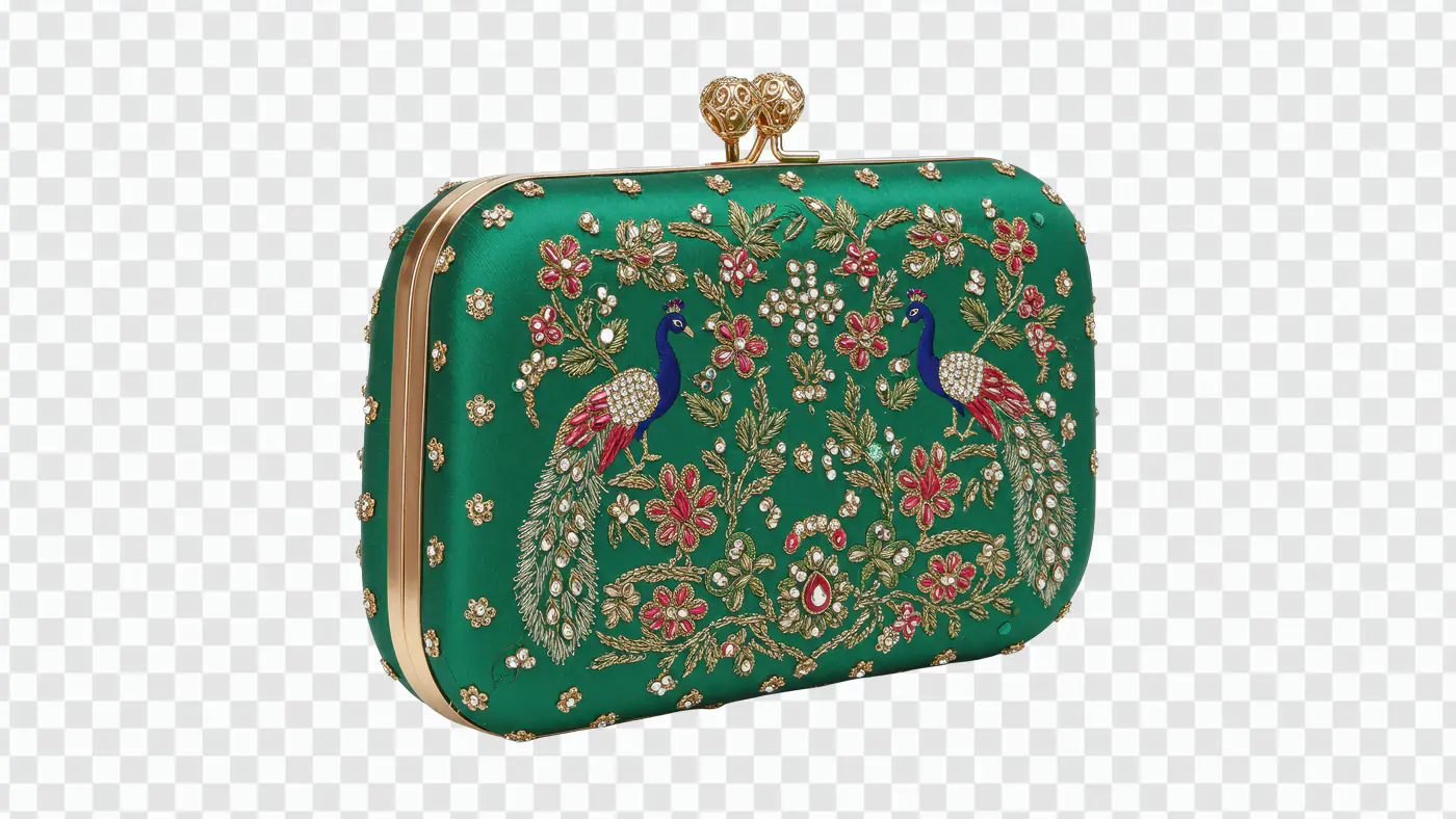 Green Peacock Embroidered Clutch PNG – Indian Wedding Handbag with Jewel Details