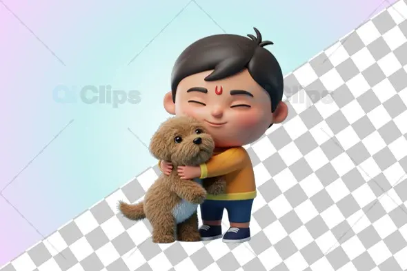 Boy Hugging Dog 3D Character Illustration
