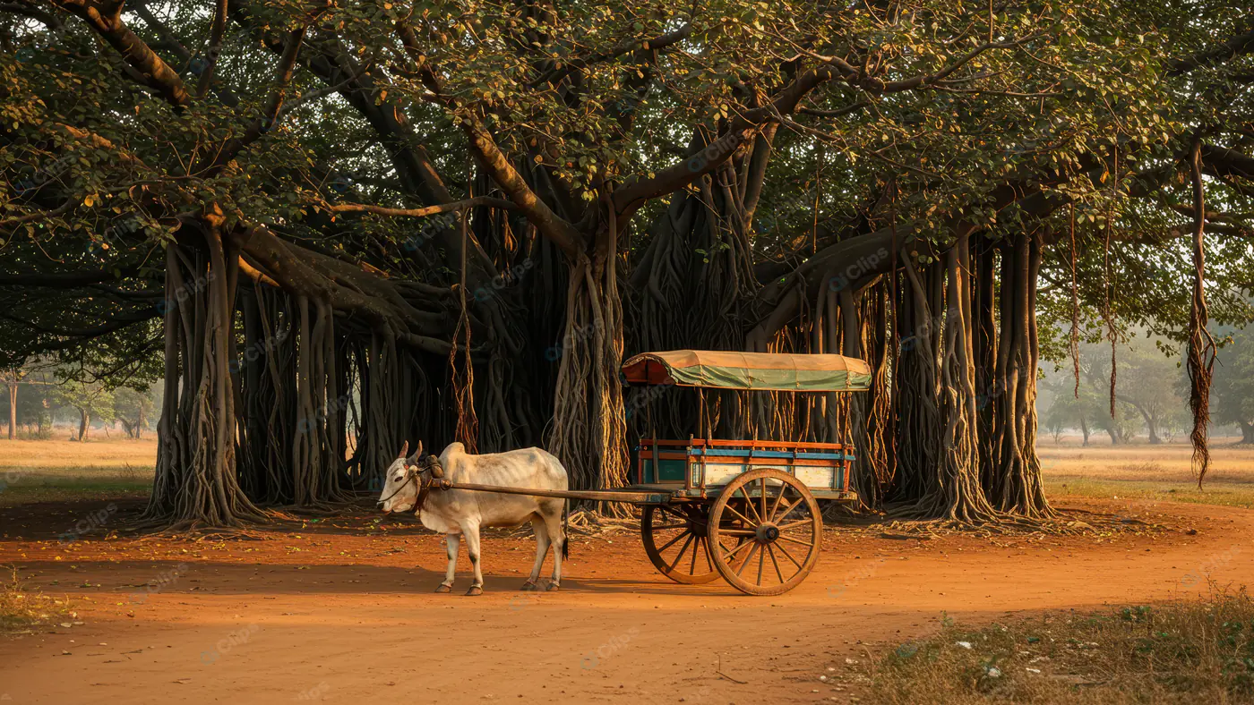 Traditional Indian Bullock Cart Under Banyan Tree