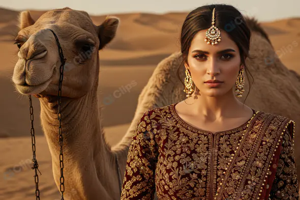 Elegant Indian Woman in Maroon Lehenga with Camel in Desert Setting