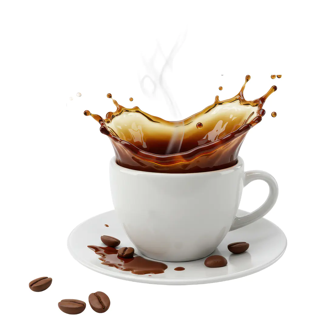 Coffee Splash in White Cup PNG – Transparent Beverage Spill with Coffee Beans