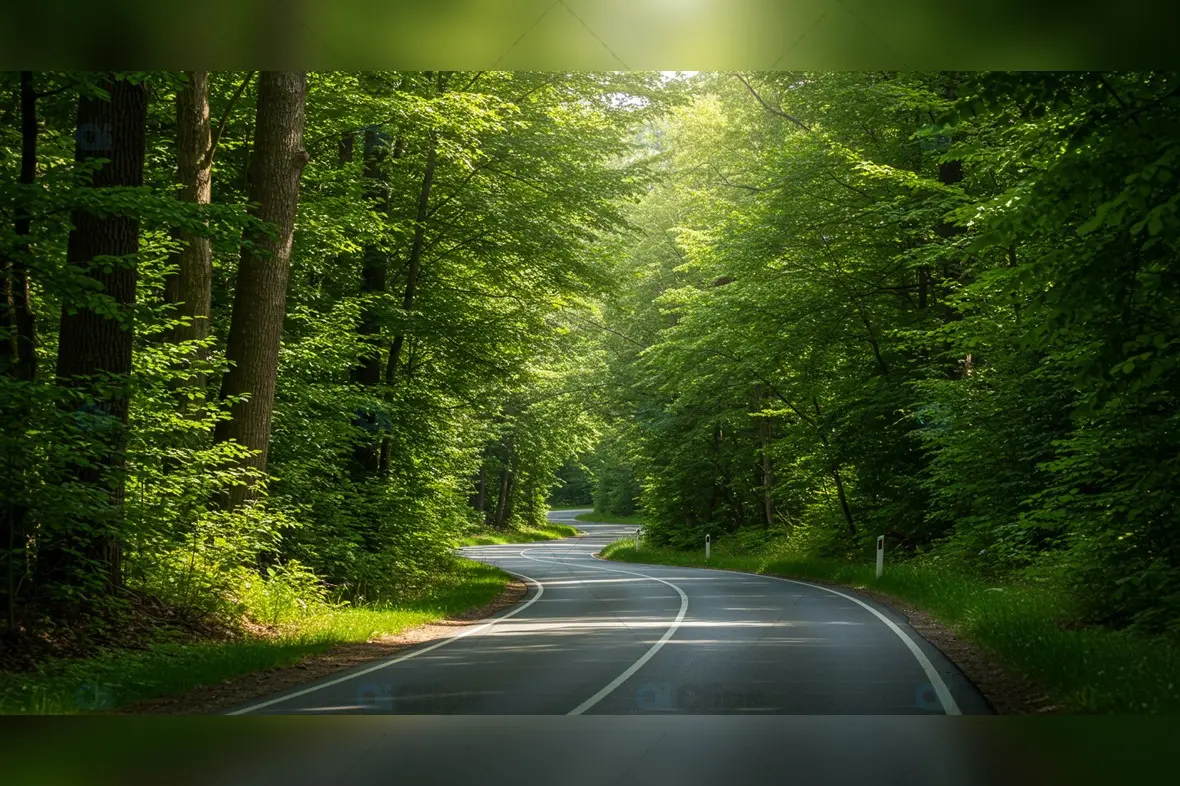 Winding Forest Road with Sunlit Canopy