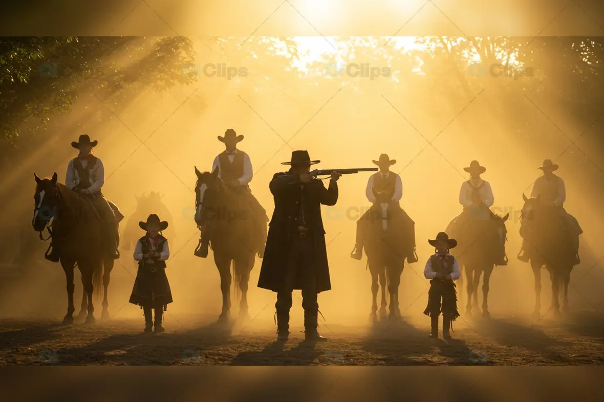 Silhouetted Cowboys in Golden Dust at Sunset