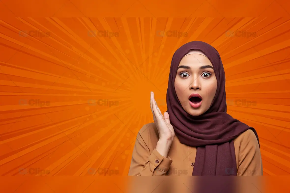 Surprised Woman in Hijab with Vibrant Comic-Style Background