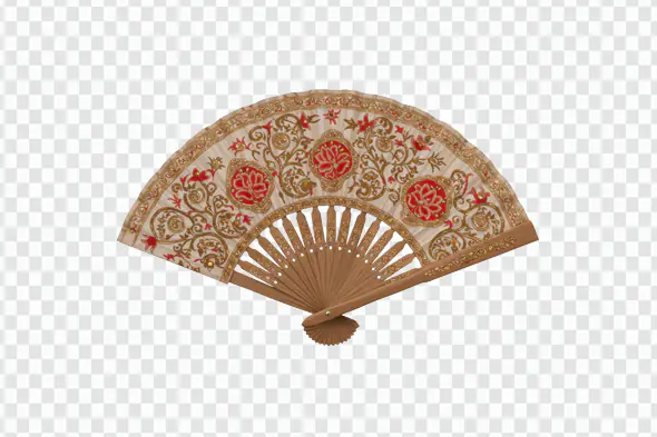 Elegant Indian Embroidered Hand Fan PNG – Red Floral Royal Design with Transparent Background