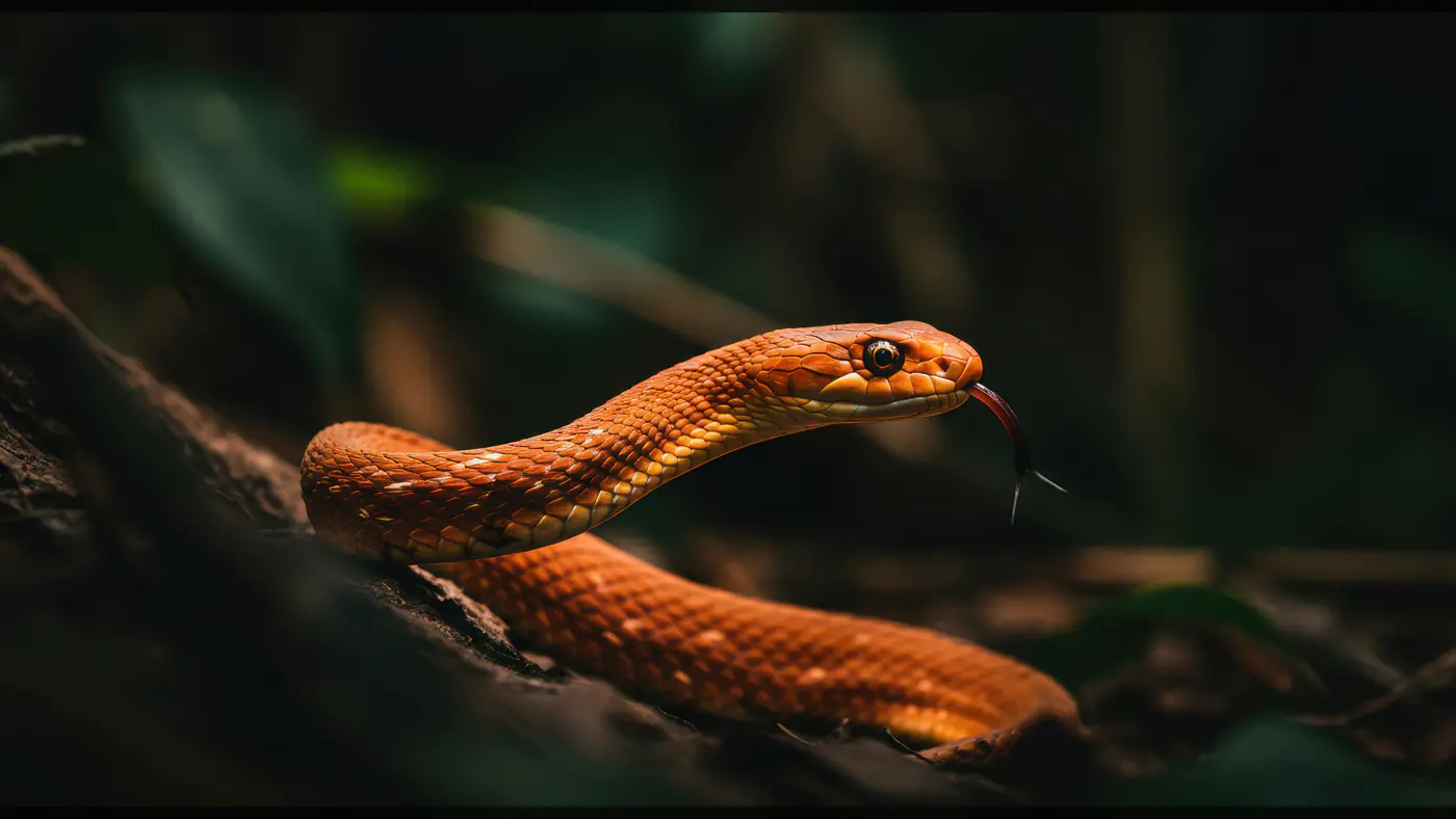 Close-Up of Orange Snake in Forest with Tongue Out