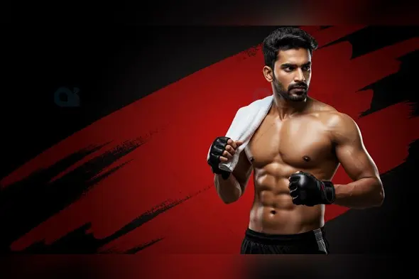 Muscular Indian Athlete with Boxing Gloves and Towel on Red Black Background