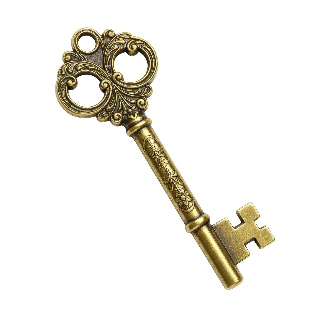 Vintage Ornate Brass Key PNG – Antique Golden Skeleton Key with Transparent Background