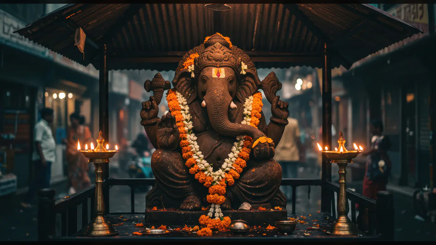 Lord Ganesha Idol in Traditional Street Shrine with Lamps and Garland