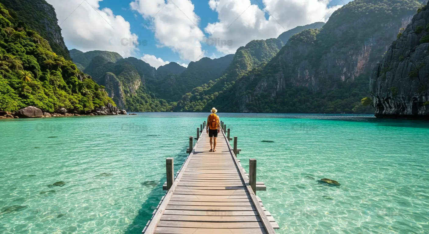Traveler on Wooden Pier Over Turquoise Lagoon in Tropical Paradise