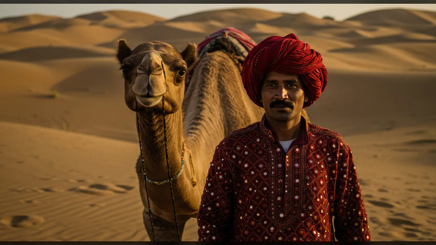 Rajasthani Man with Camel in Traditional Attire in Desert Sand Dunes