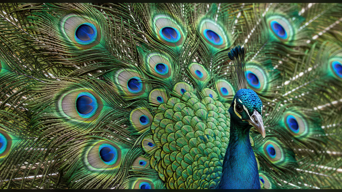 Majestic Indian Peacock with Fully Spread Iridescent Feathers in Close-Up
