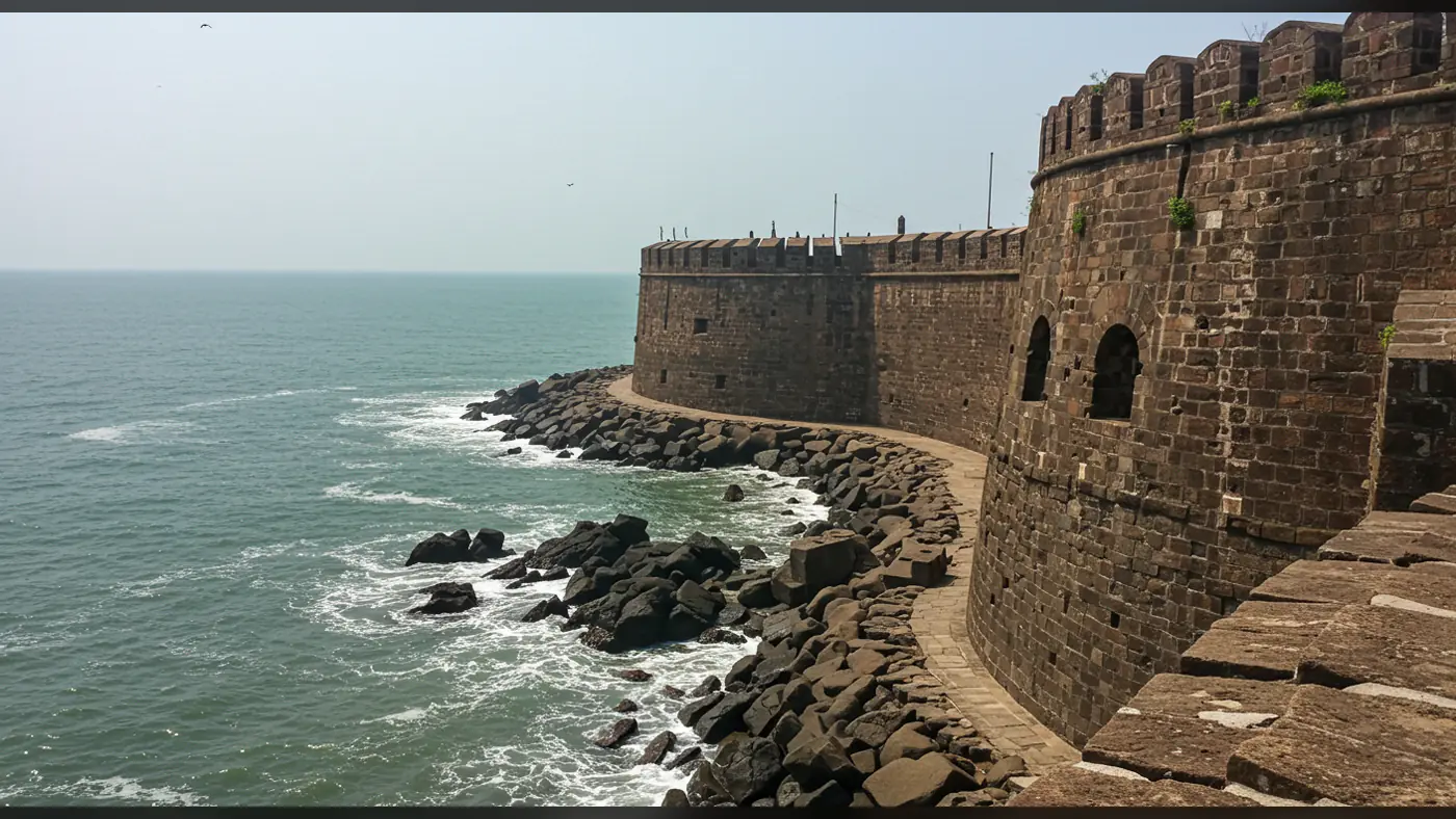 Historic Indian Sea Fort with Stone Walls Against Ocean Waves