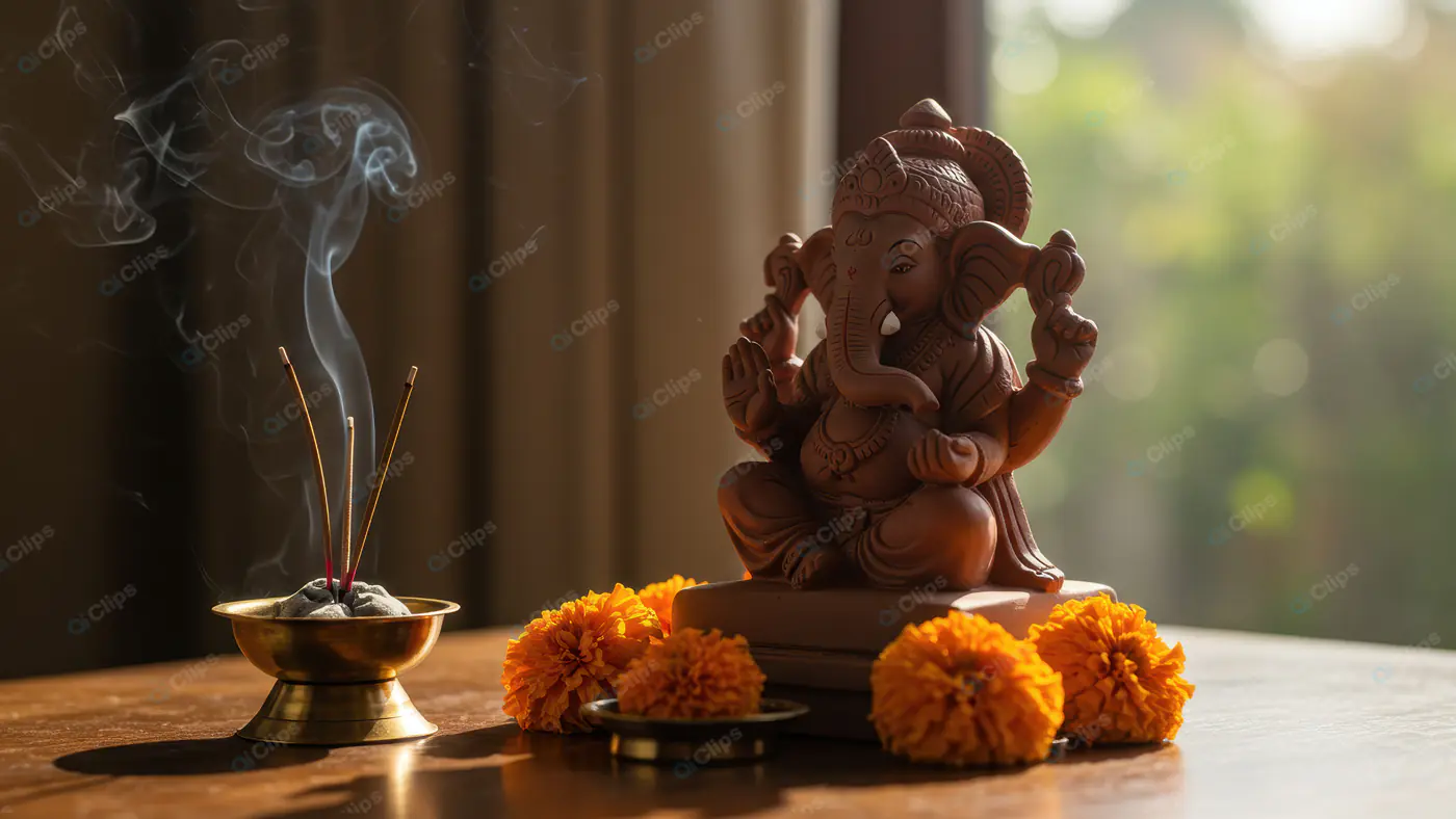 Lord Ganesha Idol with Incense and Marigold Flowers in Soft Morning Light