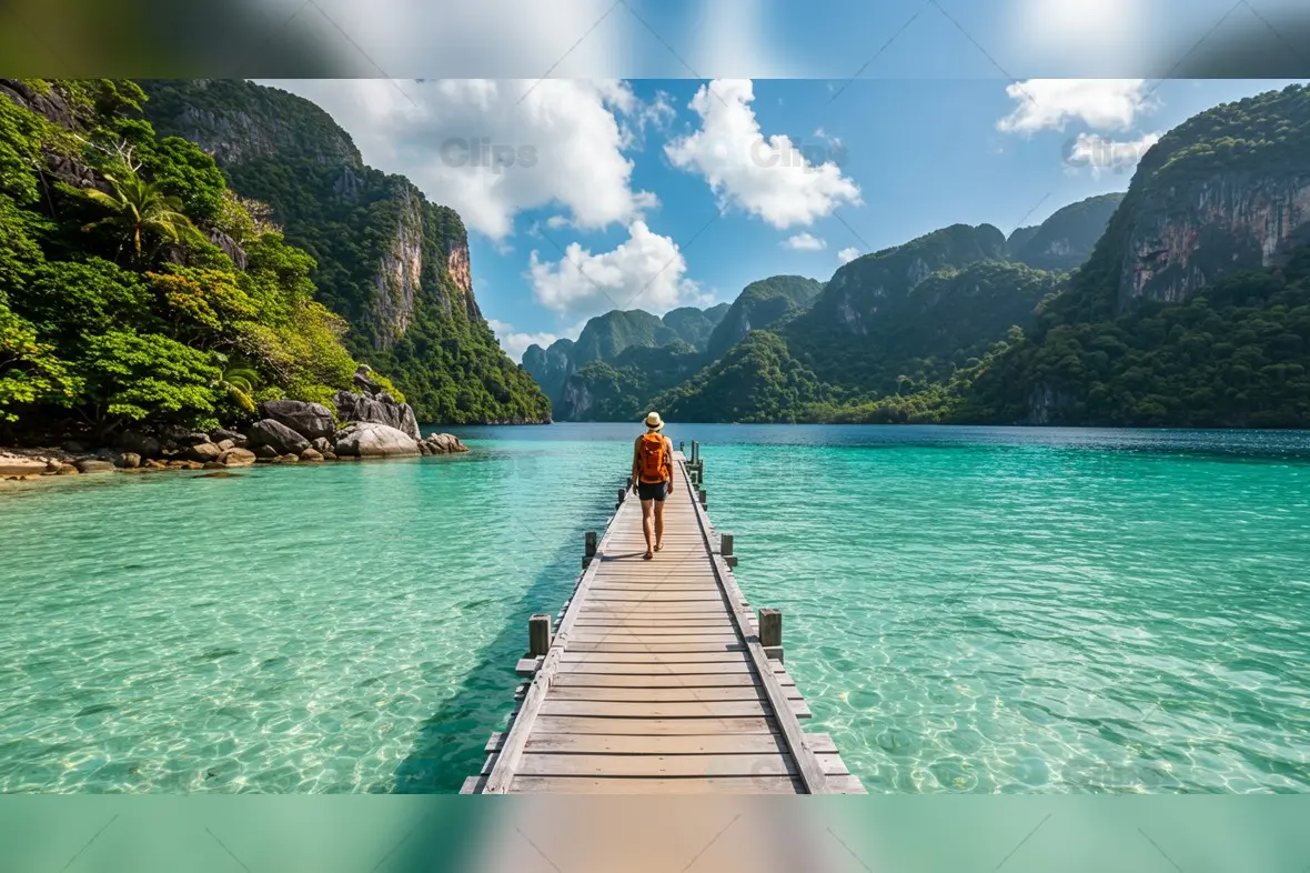 Traveler on Wooden Pier Over Turquoise Lagoon with Mountain Views