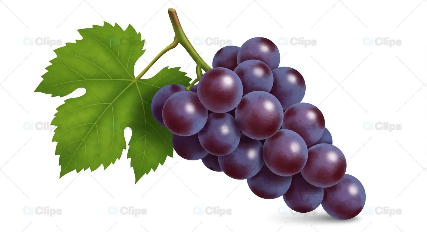 Fresh Purple Grape Cluster with Green Leaf Isolated