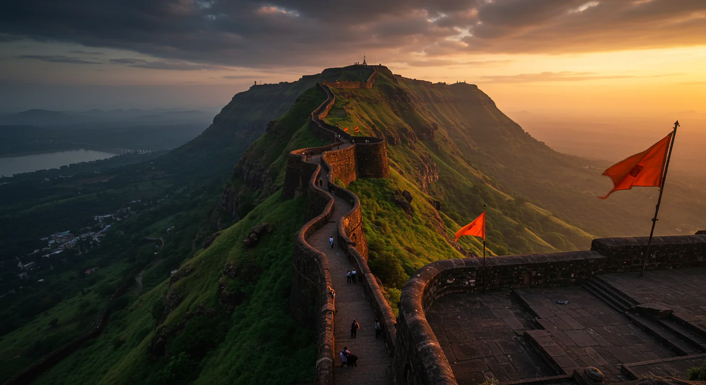 Majestic Indian Fort with Saffron Flags at Sunrise in Scenic Hills