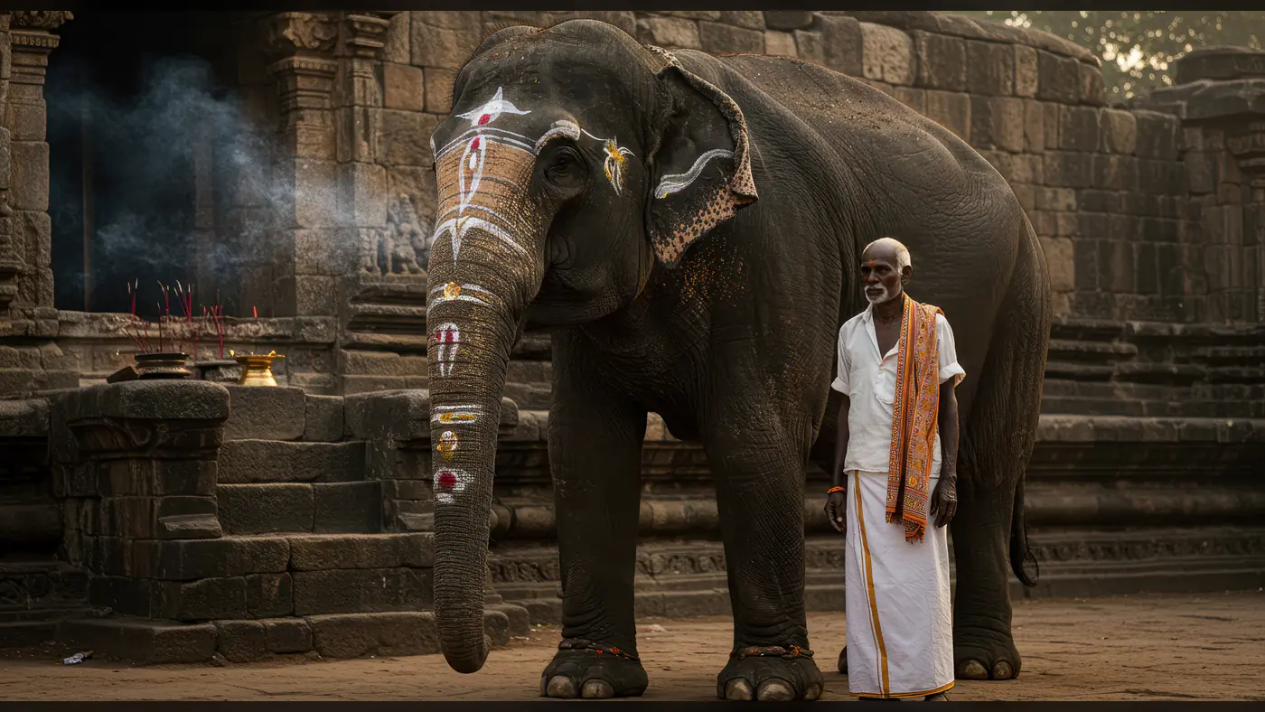 Elderly Indian Temple Caretaker Standing with Decorated Elephant