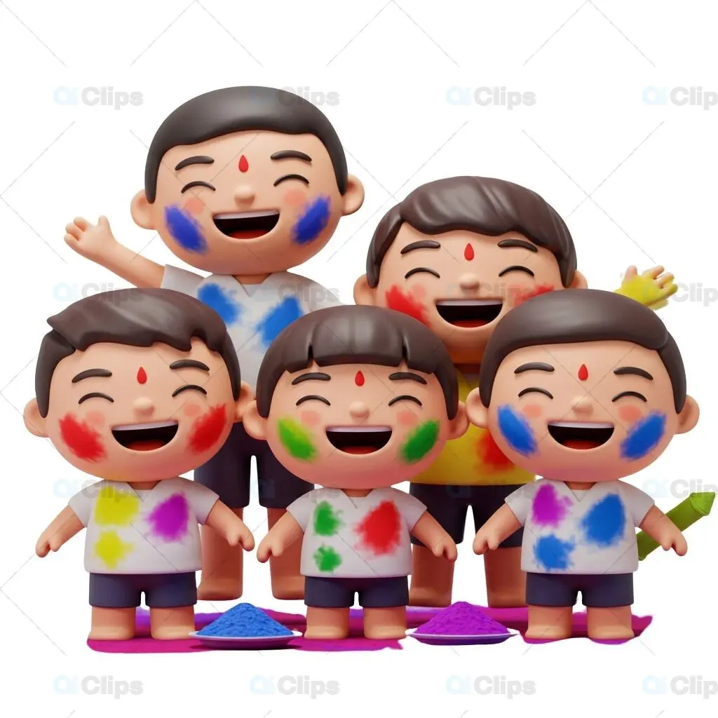Holi Celebration 3D Illustration with Happy Kids