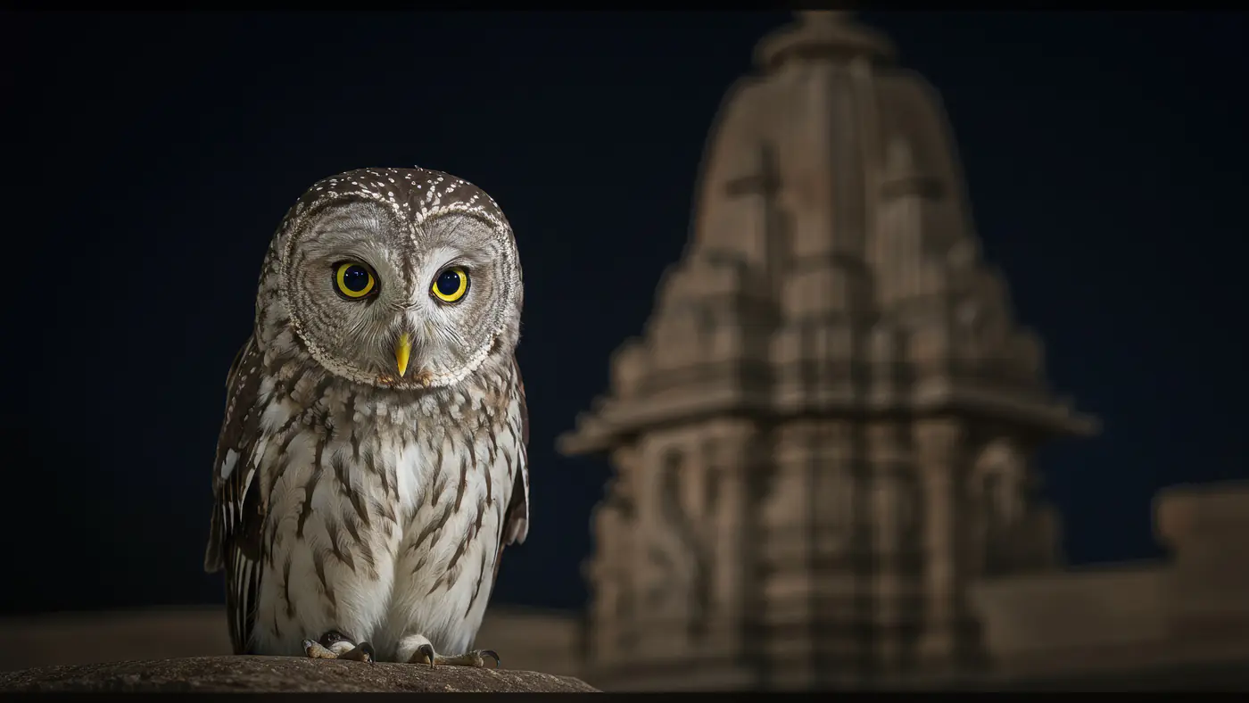 Spotted Owl Sitting on Stone in Front of Indian Temple at Night