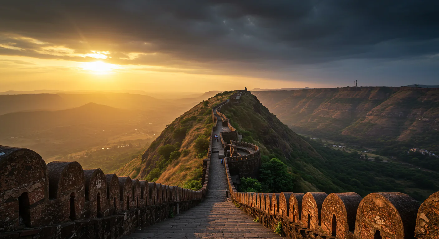 Golden Sunset Over Indian Fort and Mountain Pathway