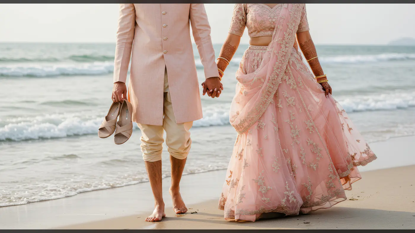 Romantic Indian Couple Walking Barefoot on Beach After Wedding Ceremony