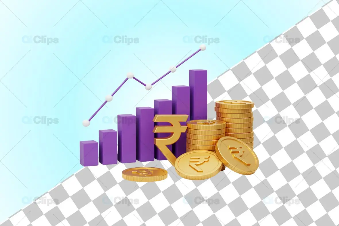 3D Financial Growth Illustration with Rupee Symbol and Bar Chart