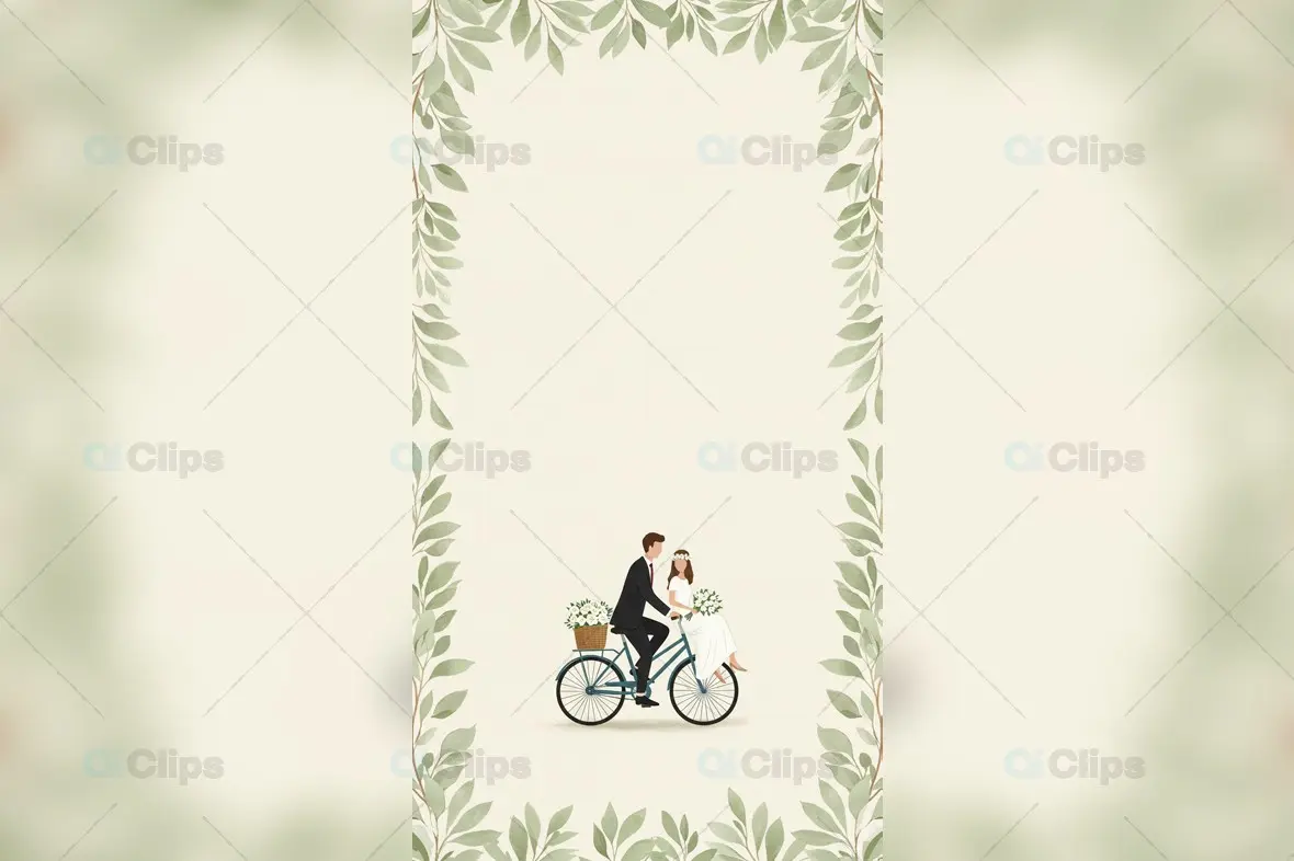 Wedding Invitation with Bicycle Couple and Green Leaf Border