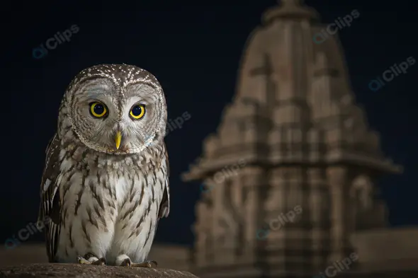 Spotted Owl Sitting on Stone in Front of Indian Temple at Night