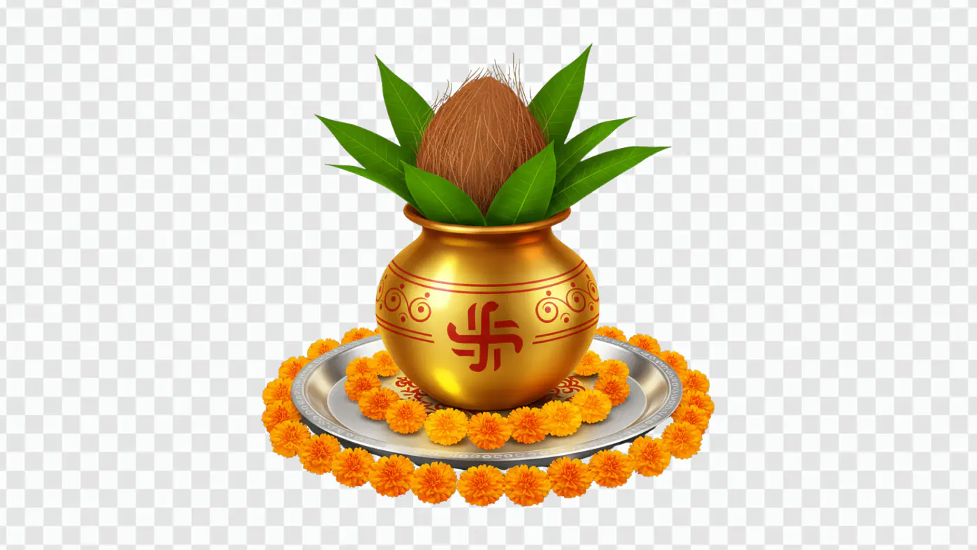 Kalash PNG with Coconut and Marigold for Puja, Wedding, and Festival Designs